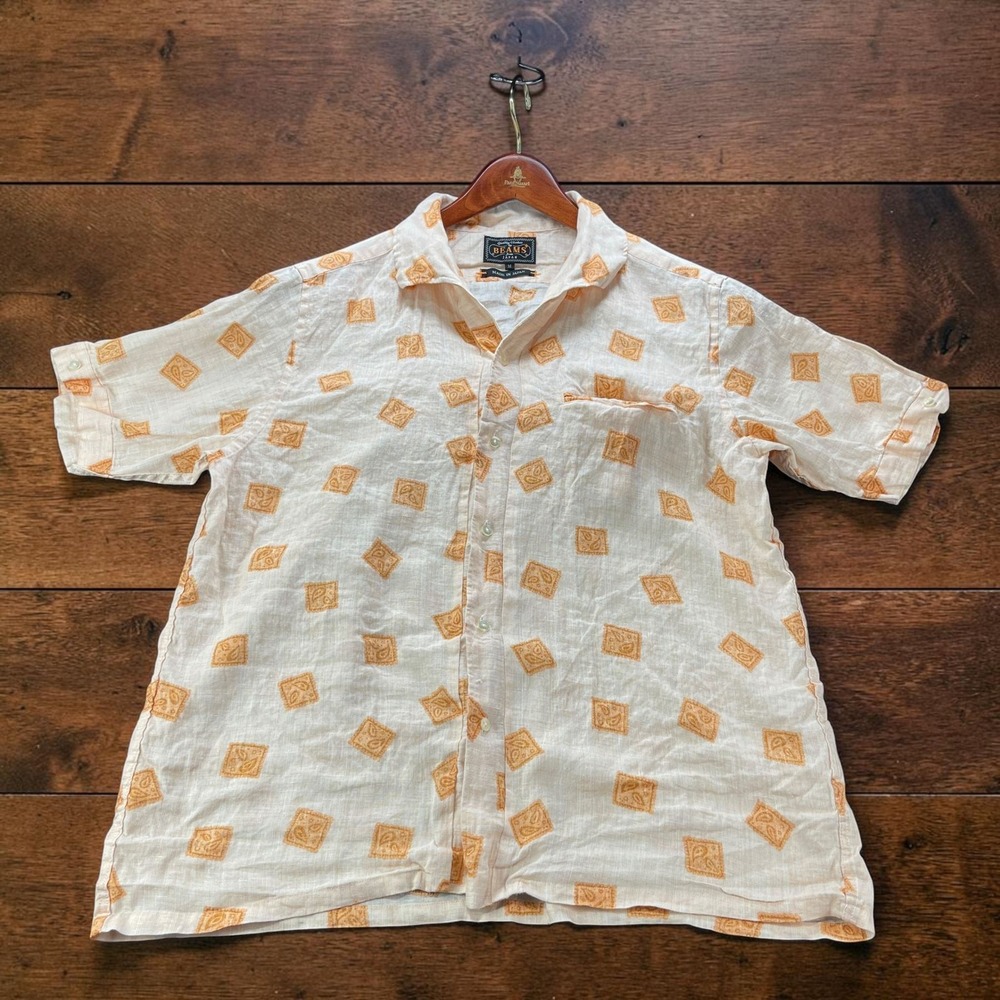 Beams Plus Made in Japan Mens M Linen Open Collar Camp Shirt Paisley Block Print